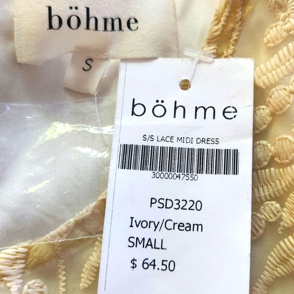 Böhme Cream Lace Empire Midi Dress Scalloped Side Zipper Pockets Lined Sz SM NWT - Picture 14 of 16